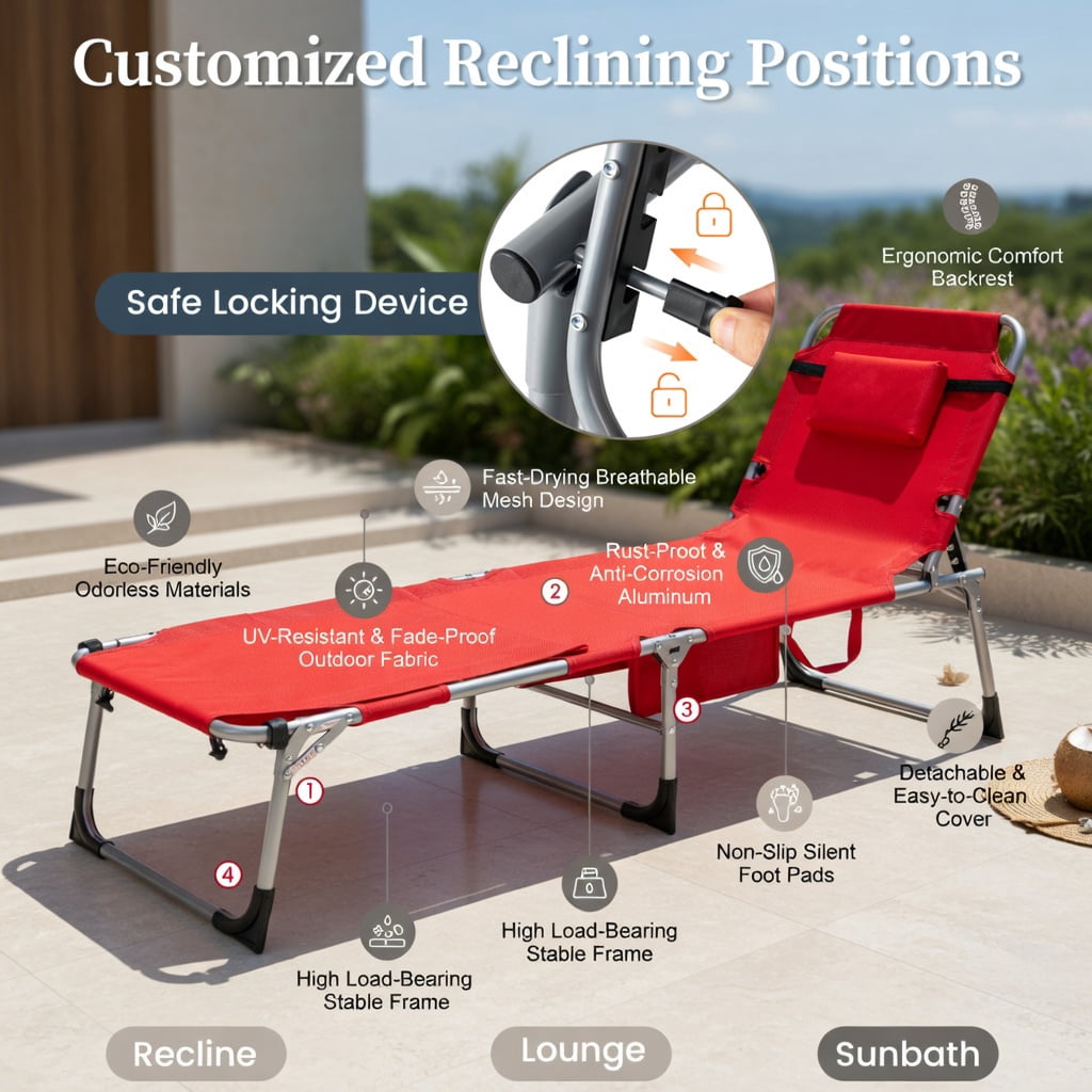 Hommoo Portable Folding Tanning Chair with Face Hole & Adjustable Backrest, UV-Resistant Oxford Fabric, Red