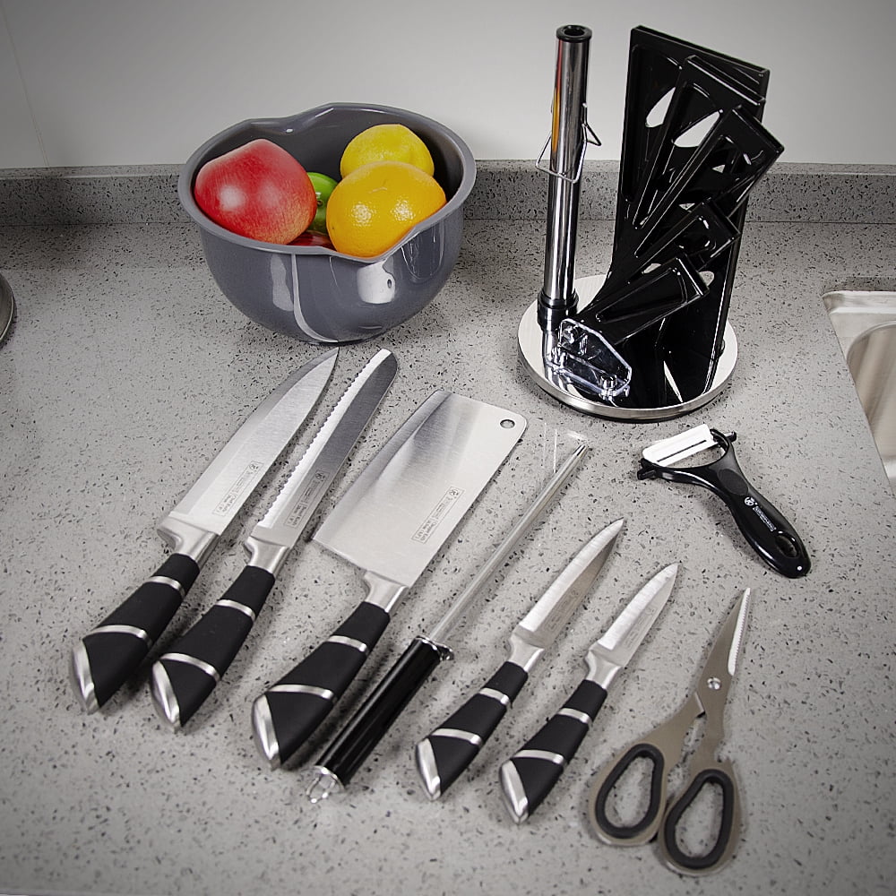 Knife Set 8 Pieces Black Kitchen Knife Set with Acrylic Stand, High Carbon Stainless Steel,KEPEAK Non Stick Coated Knife Block Set, No Rust, Non Slip Handle, Sharp Knife