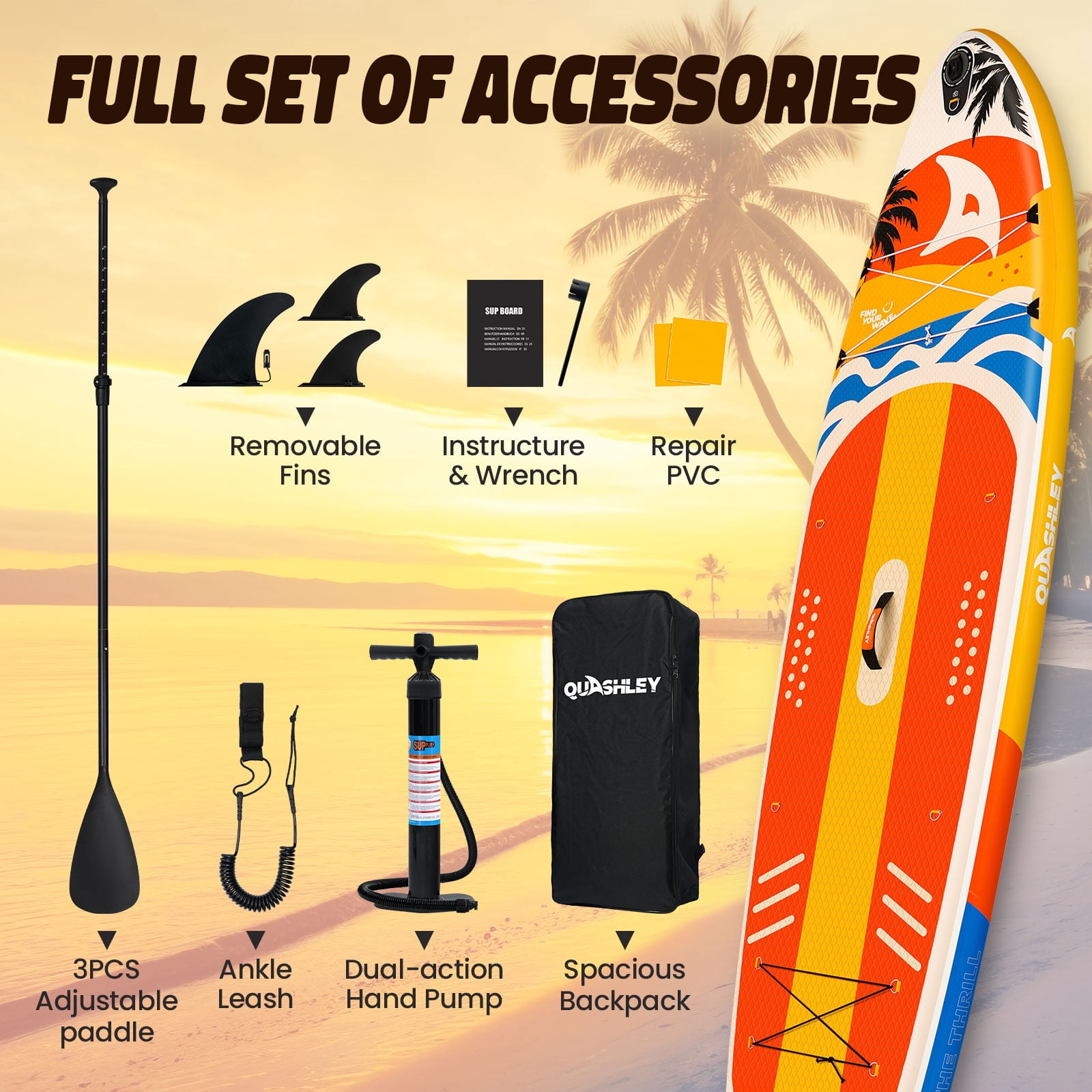 Quashley Wide Inflatable Stand up Paddle Board, 11 ft x 34 inch All-Around SUP Board with Paddle, Hand Pump, Backpack and Leash