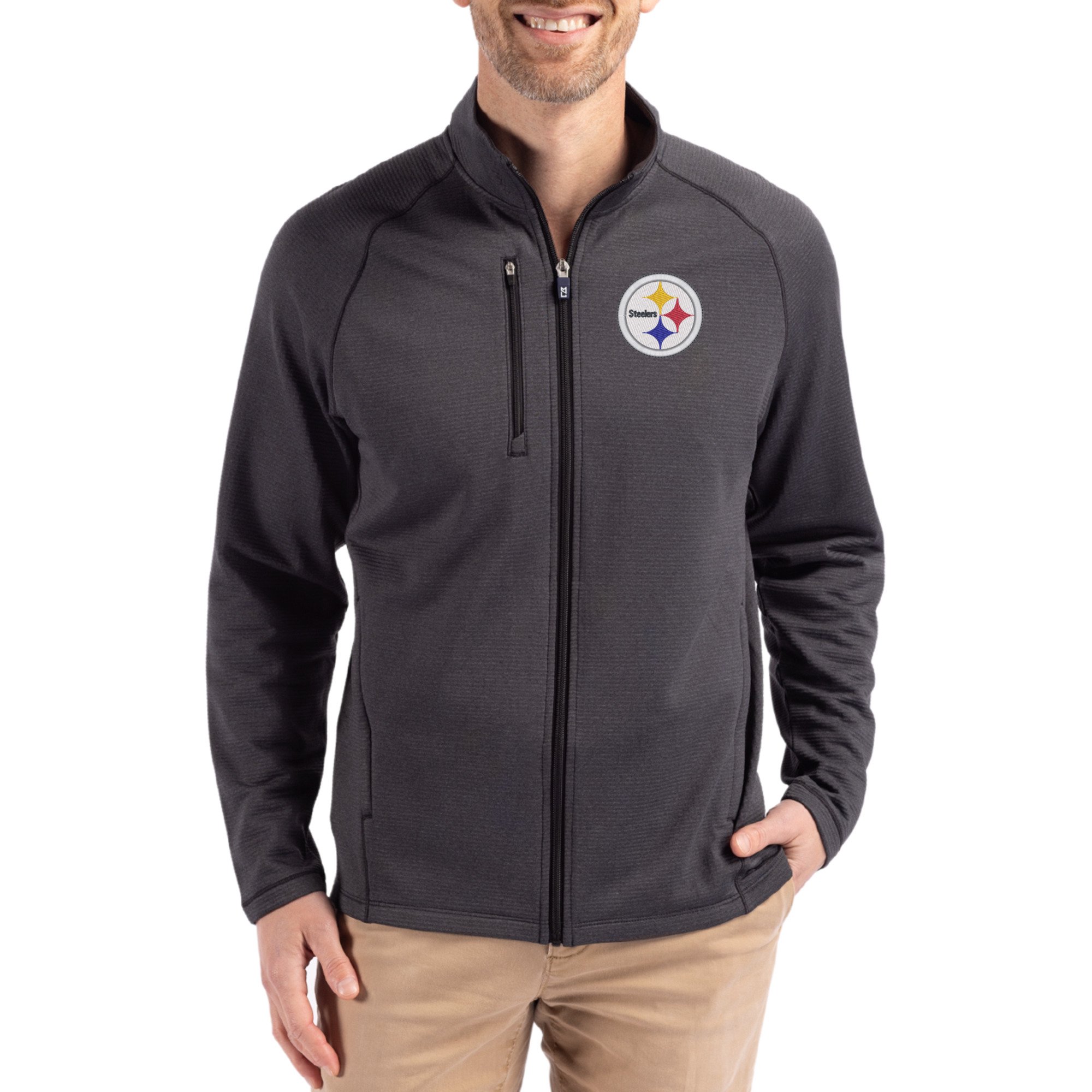 Men's Cutter & Buck Heather Black Pittsburgh Steelers Peshastin Eco Fleece Recycled Raglan Tri-Blend Full-Zip Jacket
