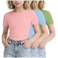 thumbnail image 4 of ITSAME 3 Pack Girls Crewneck T-Shirts Stretch Slim Ribbed Knit Tees Summer Basic Casual Tops Pink Size 7-8, 4 of 5