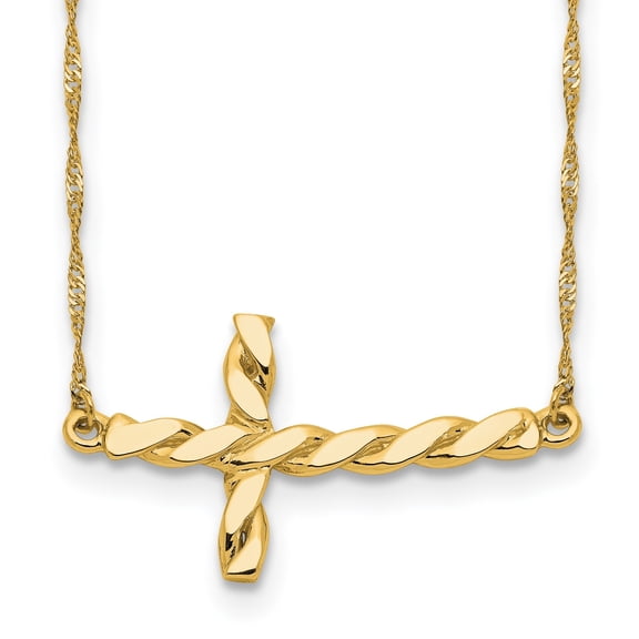 14k Yellow Gold Sideways Cross Religious Pendant Necklace with 17 in Rope Chain