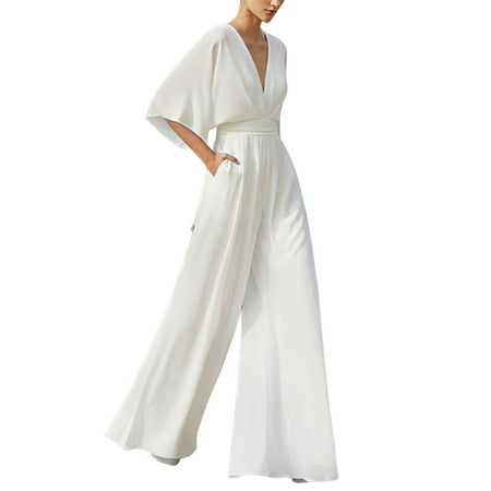 hcuribad Plus Size Jumpsuit for Curvy Women 2024 New Women s Deep V Long Sleeve Fashion High Waist Wide Leg Trousers One Piece Jumpsuits Short Sleeve Bodysuit Jumpsuits for Women Clearance) White XL