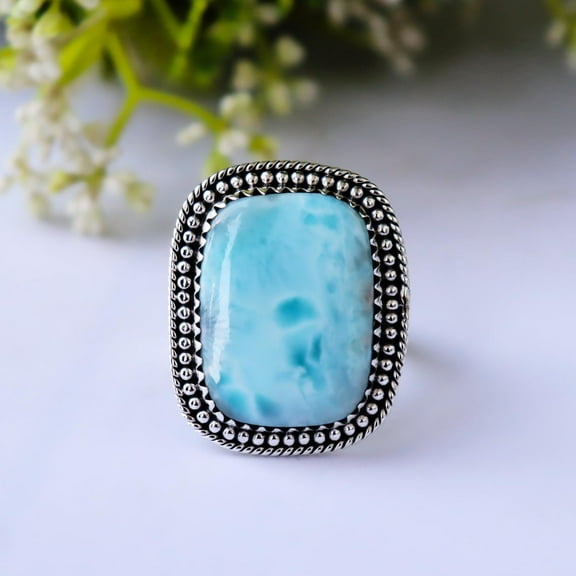 SS DESIGNS Handmade Baguette Larimar Ring | 925 Sterling Silver Blue Gemstone Statement Jewelry | Ocean Energy Stone Ring for Women & Men