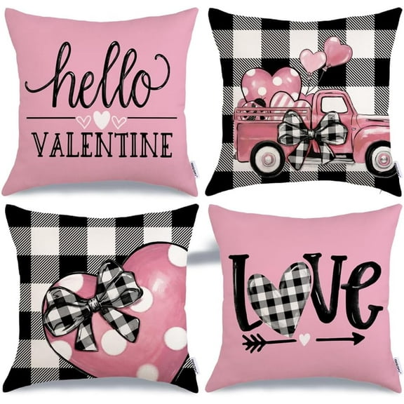 Buffalo Plaid Valentines Day Pillow Covers 18x18 Set of 4 Valentine Day Decor Polka Dot Pink Heart with Bow Love Truck Decorative Throw Pillows for Sofa Couch Cushion Decorations G447-18