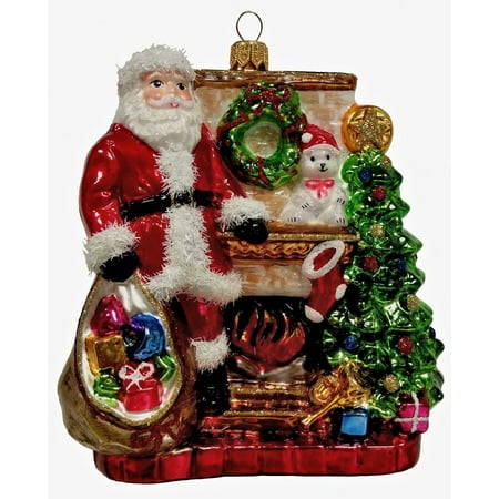 - Santa Claus by the Fireplace with Presents Polish Glass Christmas Tree Ornament