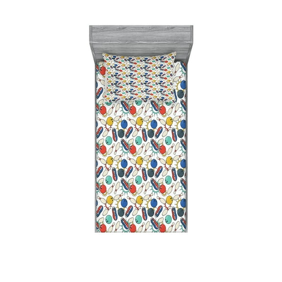 Bowling Fitted Sheet & Pillow Sham Set, Color Doodle Design on Notebook Sheet Backdrop Ball Pins and Shoes in Retro Style, Decorative Printed 4 Piece Bedding Decor Set, Twin, Multicolor, by Ambesonne