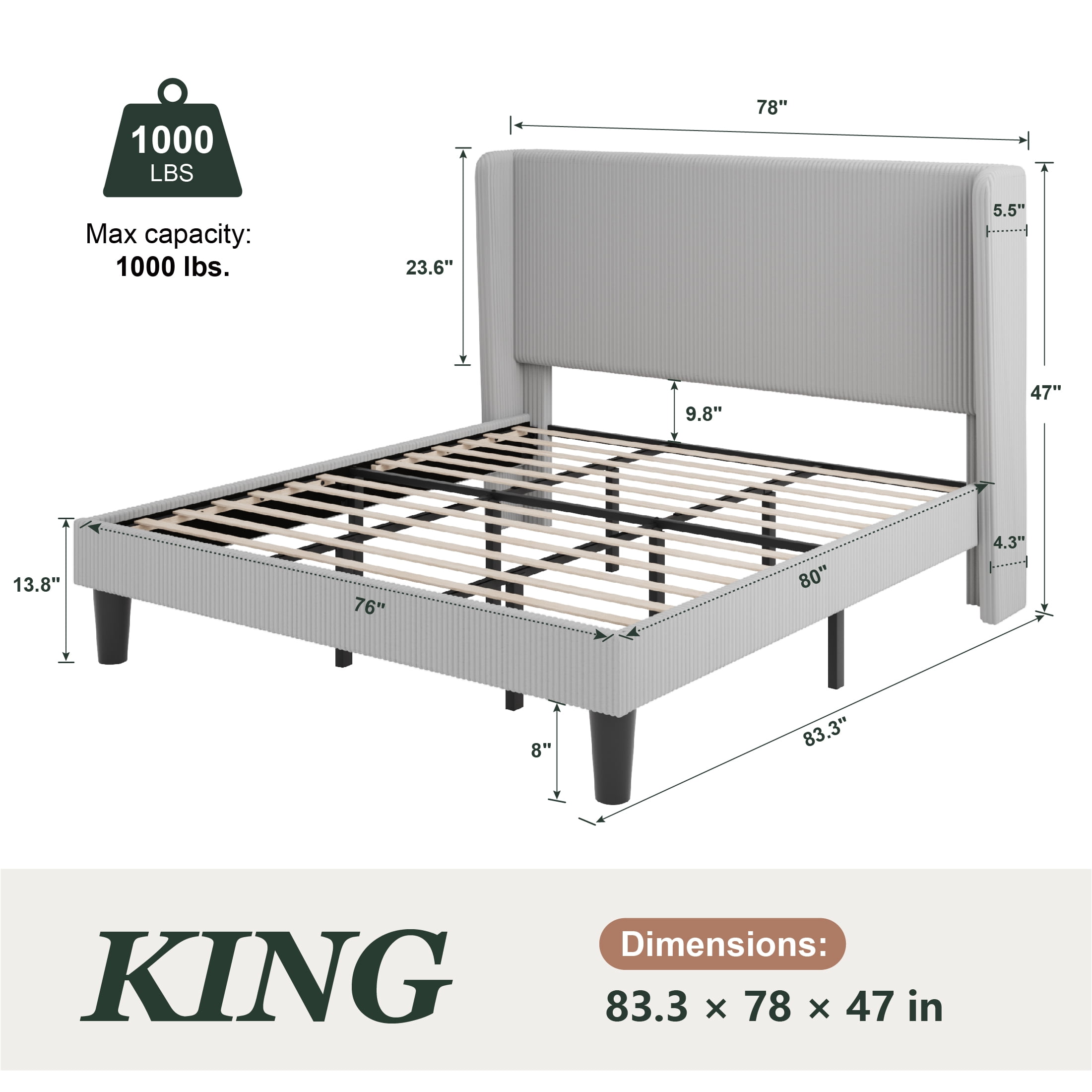 Amolife King Size Platform Bed Frame with Velvet Upholstered Wingback Headboard, Light Gray