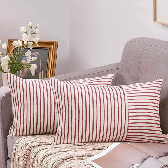 Wanhoo Christmas Pillow Covers 12x20, Modern Accent Lumbar Throw Pillow Covers Set of 2, Red and Beige Striped Patchwork Linen Decorative Pillows Cushion Covers Christmas Decorations