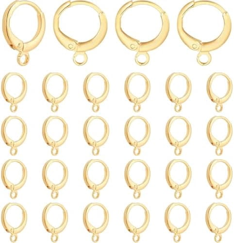 PH PandaHall 30pcs 18K Gold Plated Earring Hooks Huggie Hoop Earring Findings Lever Back Earrings Hook 12 Gauge Gold Huggie Earrings with Loop for Valentine Women Mom Jewelry Making, 11.5x15x2mm