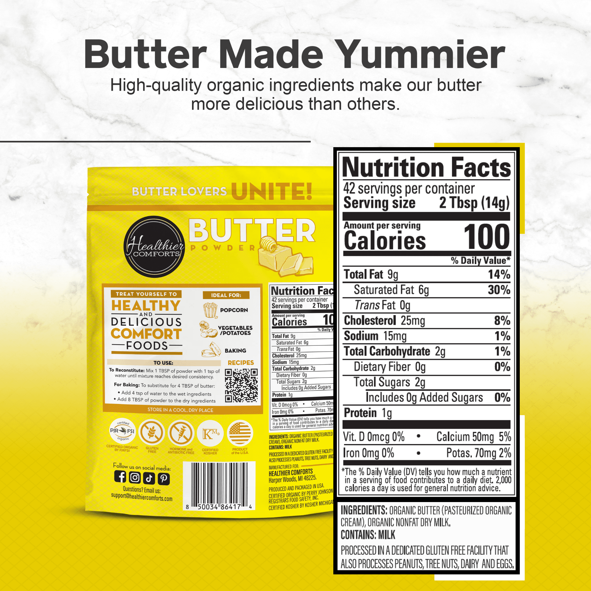 Healthier Comforts Organic Butter Powder 21oz | USDA Certified Organic Dehydrated Unsalted Butter | Kosher, Gluten Free, Non-GMO | Popcorn, Baking, Seasoning