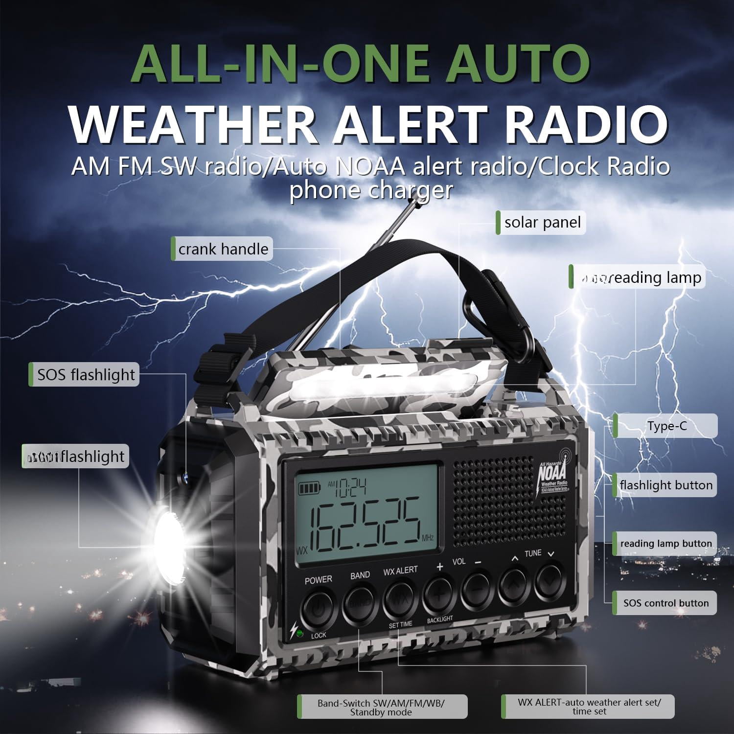 Emergency Radio 12000mah Auto Noaa Weather  Solar Hand Crank Portable Am/fm Shortwave With Rechargeable Flashlight Reading Lamp Sos Alarm For Indoor Outdoor Emergencies