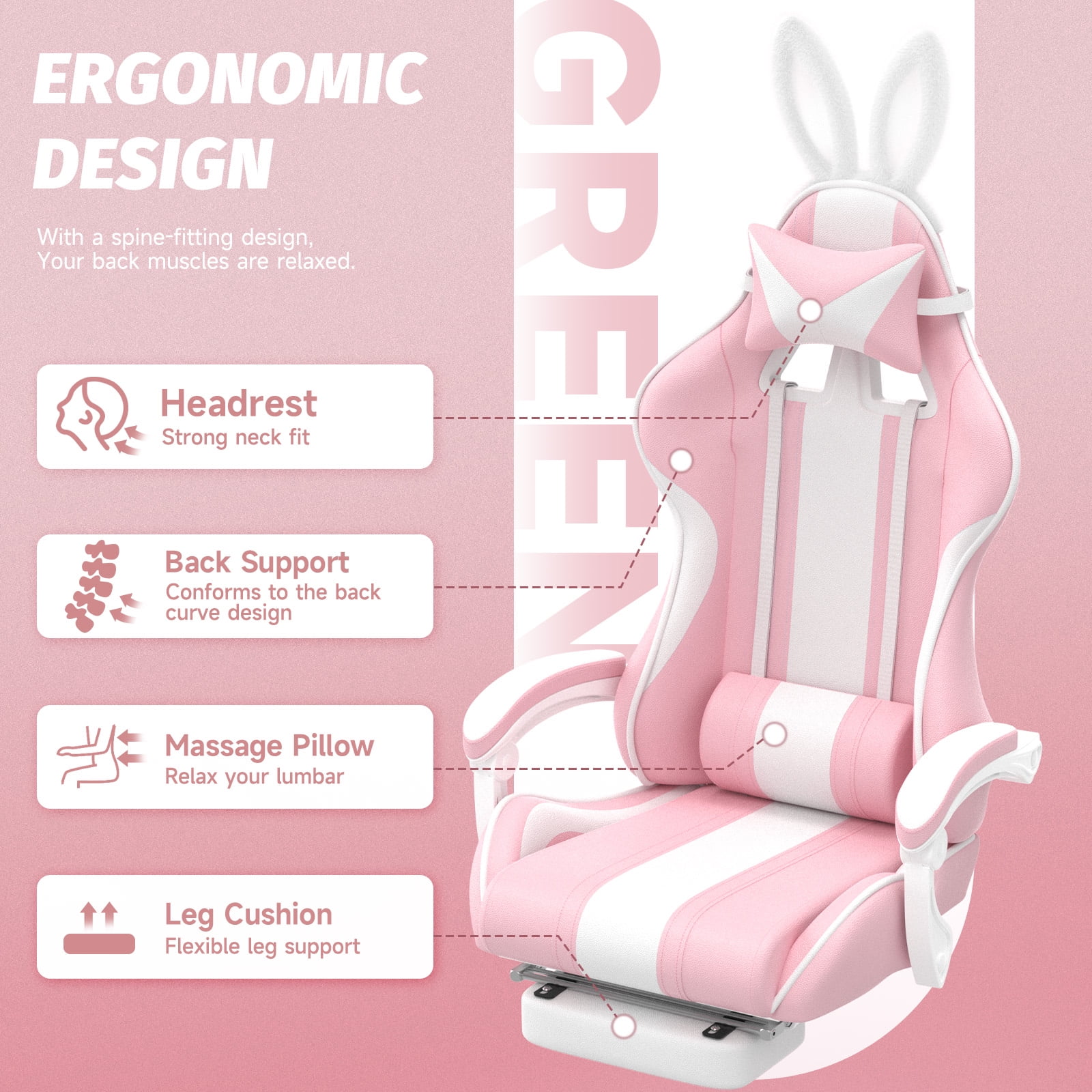 Luxvie Pink Gaming Chair with Footrest High Back Ergonomic Office Gamer Chair with Massage and Headrest Lumbar Support Swivel Computer Game Chair Cute Bunny Ears for Adults