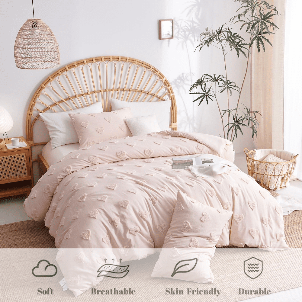 3 Pieces Tufted Heart Dot Pink King Comforter Set Boho Ultra Soft Jacquard Lightweight Comforter Shabby Chic Washed Microfiber Bedding Set