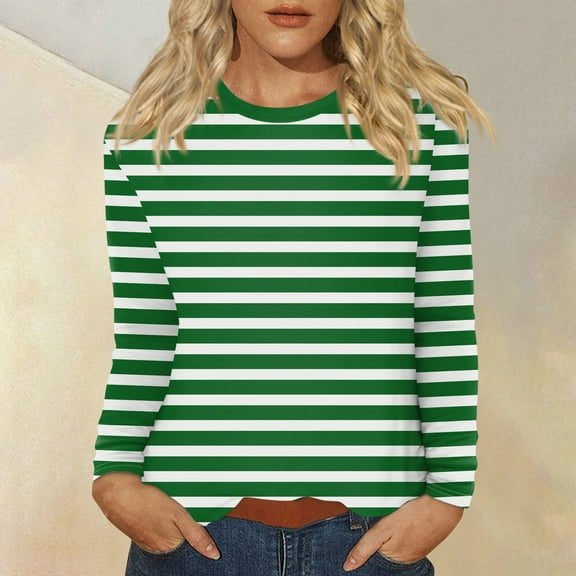 Women's Long Sleeve Striped T-Shirt, Casual Red and White Crew Neck Top, Soft Cotton Blend