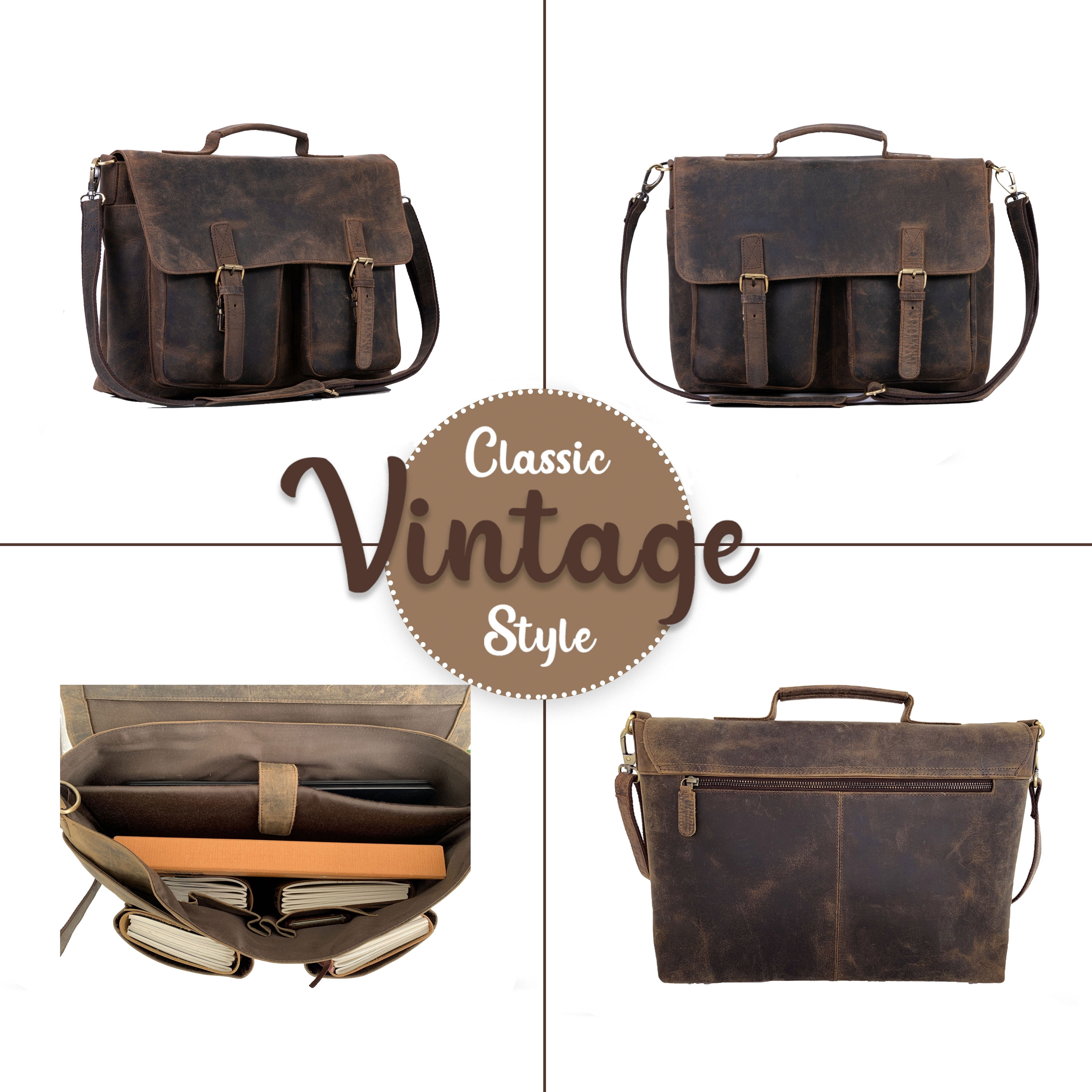 18 inch Buffalo Leather Briefcase Laptop Messenger Office College Bag for Men and Women