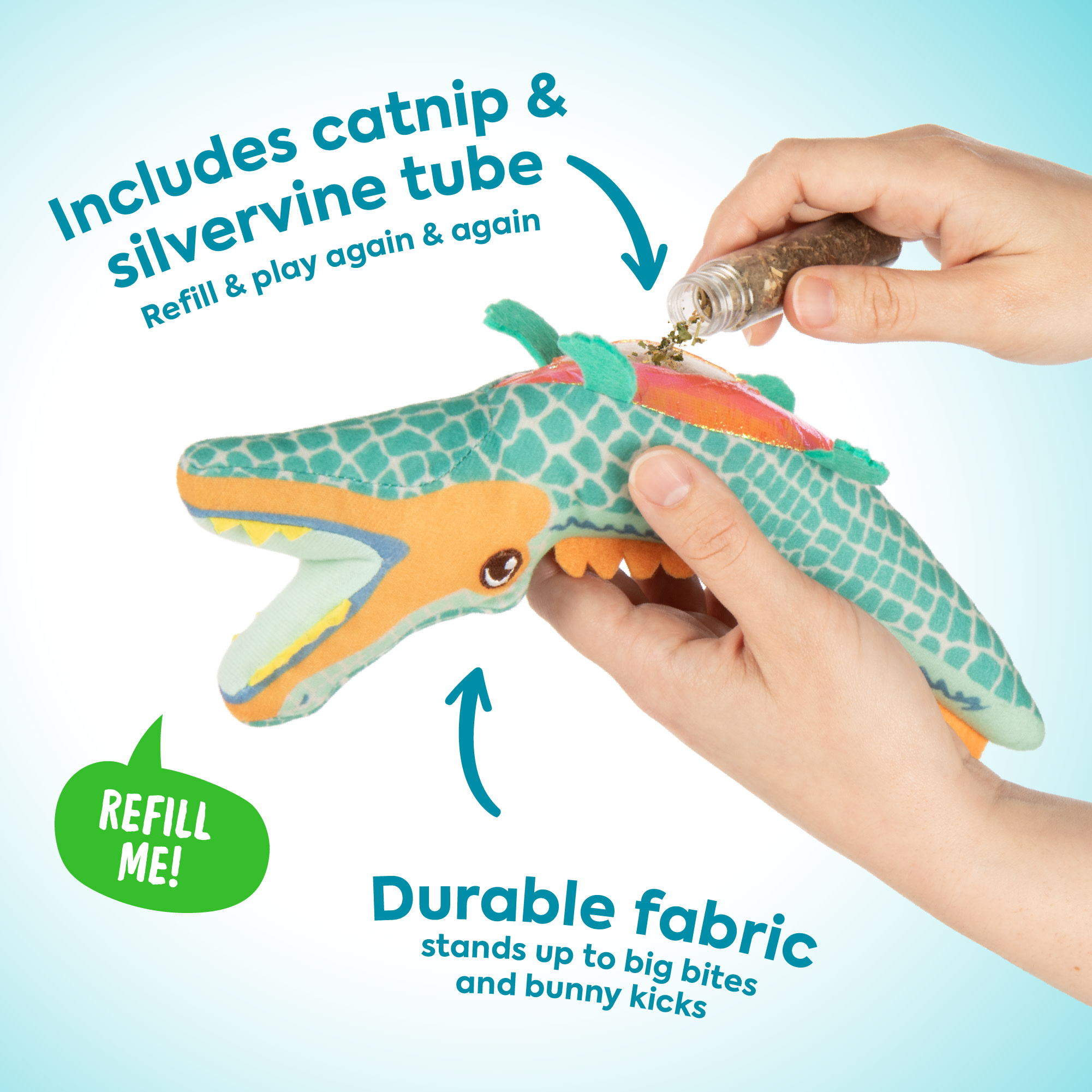 Instincts by SmartyKat Crazed Croc Refillable Crinkle Plush Kicker Cat Toy with 2 g Tube of HappyNip Catnip & Silvervine Blend