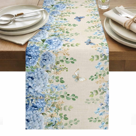 Blue Hydrangea Table Runner Spring Summer Eucalyptus Vintage Beige Tablerunners 13 x 108 Inch, Table Decorations Tabletop Scarf for Summer Gathering Holiday Farmhouse Kitchen Dining Decor
