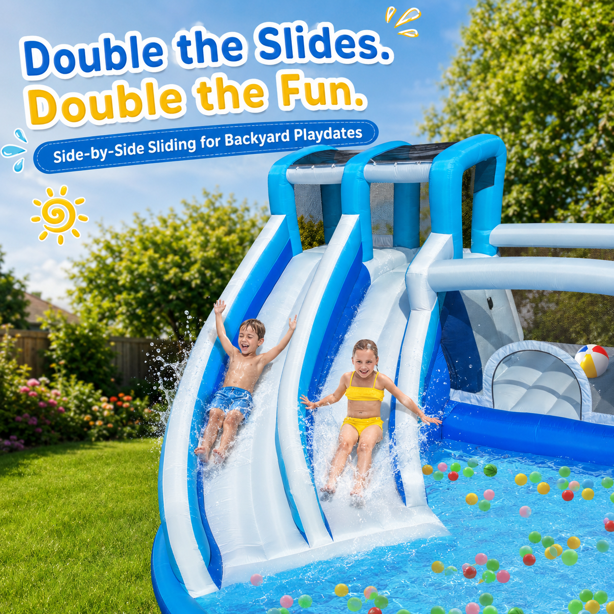 13.8 FT Inflatable Bounce House with Dual Water Slides, Splash Pool, Ball Pit and Blower Included, Blue