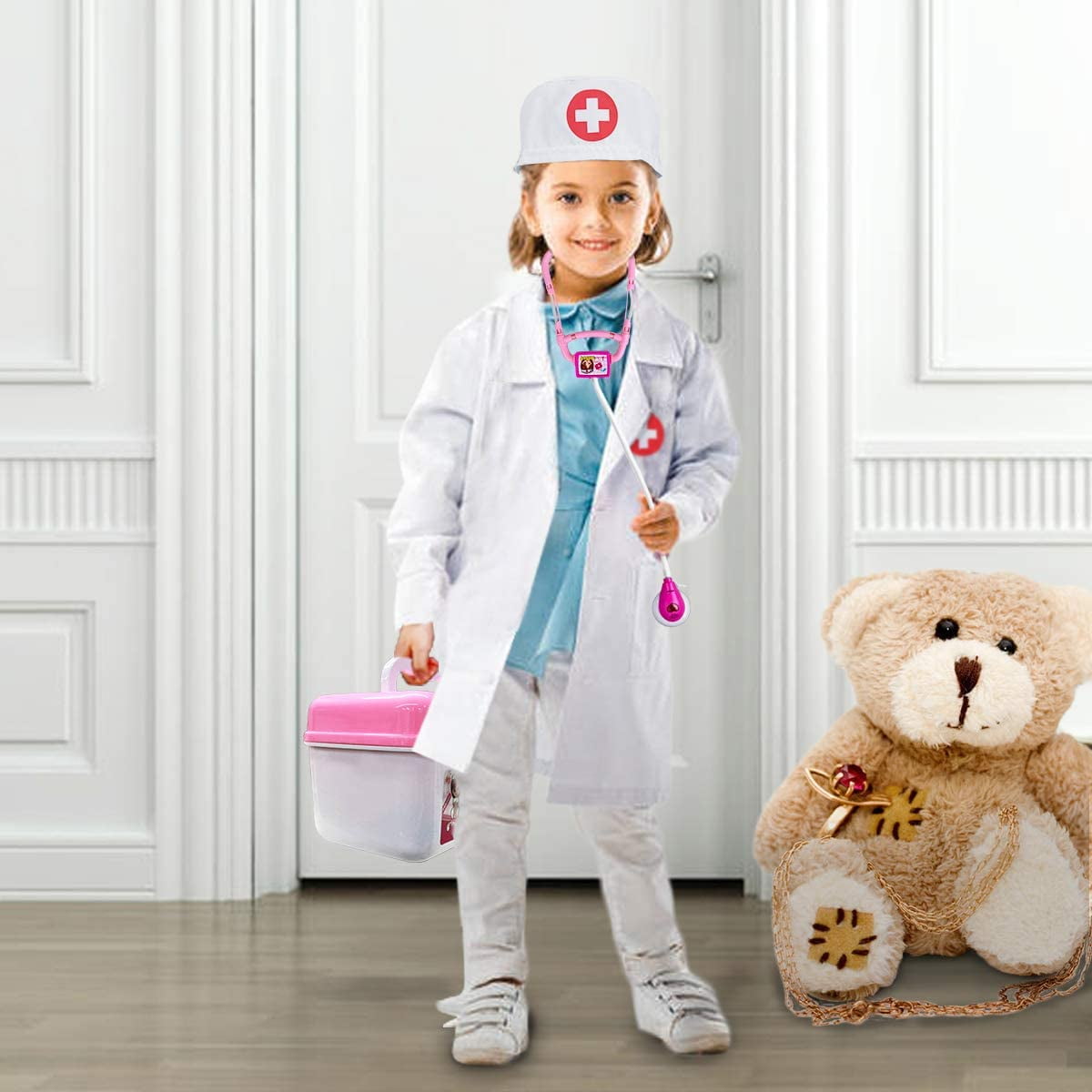 NimJoy Toy Doctor Kit for Girls 3-6 Years Boys, 40PCS Pink Coat & Toy Stethoscope Braces Medical Kits Preschool Pretend Dentist Play Set Gift to Toddler Birthday Christmas Present