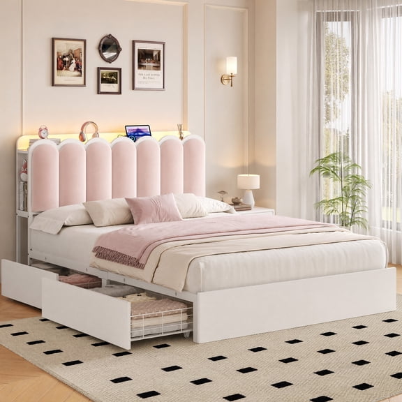 Seetech Queen Size Bed Frame with Hidden Storage Headboard & 2 Drawers, Upholstered Platform Bed with Charging Station & LED, White