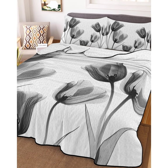 Black Grey Tulip Full Size Down Alternative Comforter, Lightweight Comforter Quilt Bedding Set with Pillow Shams Flower Floral Modern Minimalist White All Seasons Bed Comforter Duvet Insert 78"x90"