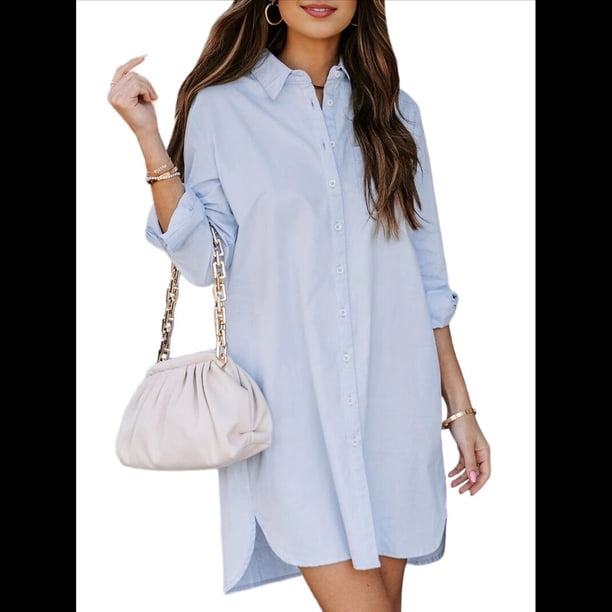 Vestidos Casuales Holgados de Larga con Rayas Lisas y Botones para Mujer Azul XXL