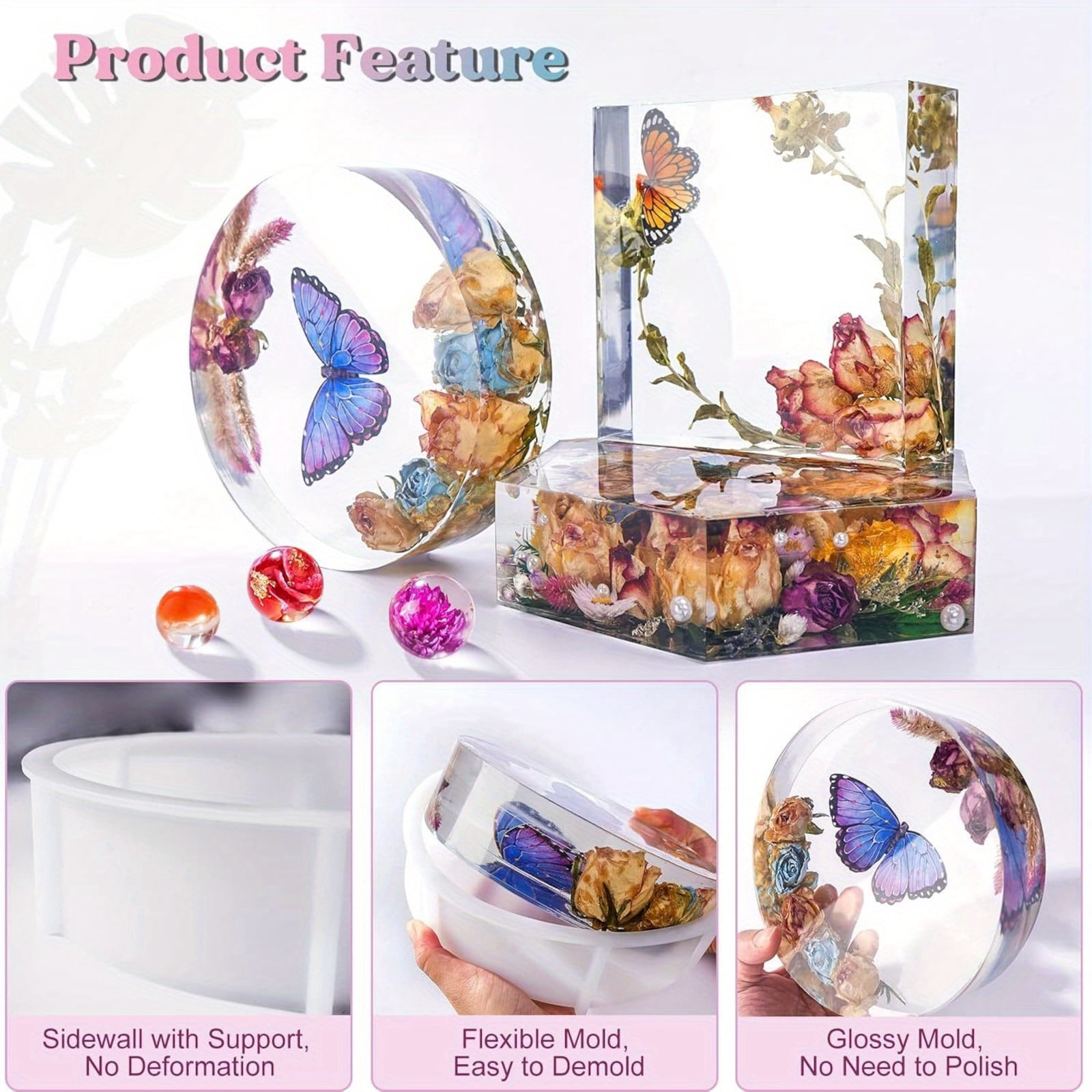 Upgrade Epoxy Resin Molds, Large Resin Molds Silicone for Flower Preservation, Glossy Deep Hexagon Square Round Molds for Epoxy Resin Casting