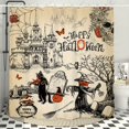 thumbnail image 1 of 1pc Scary Halloween Shower Curtain Set with Gothic Pumpkin Cat Skull and Scarecrow Design - Vintage Holiday Home Bathroom Decor - Washable Polyester Fabric with 12 Plastic Hooks - 71x71 Inches, 1 of 4