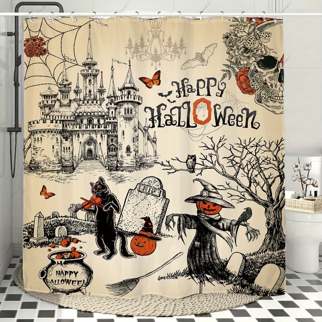 1pc Scary Halloween Shower Curtain Set with Gothic Pumpkin Cat Skull and Scarecrow Design - Vintage Holiday Home Bathroom Decor - Washable Polyester Fabric with 12 Plastic Hooks - 71x71 Inches