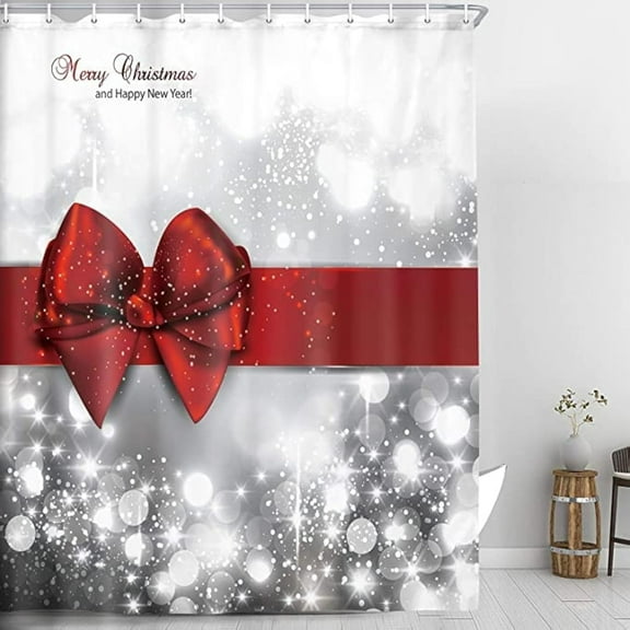 Christmas Shower Curtain Sets, Red Bow Wrapping Satin Pattern eith Glittering Bling Shower Curtain, Shining Sparkling Party New Year Decoration Waterproof Bathroom Fabric Curtains