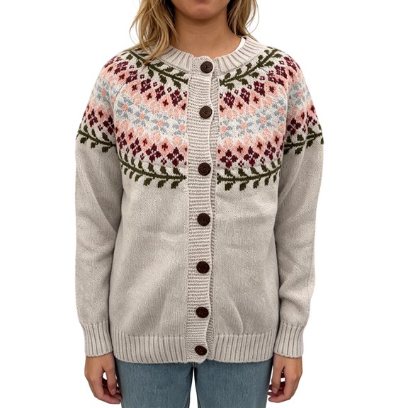 JUUNthy Womens Cardigan Sweater, Button Down Crew Neck Long Sleeve Vintage Floral Knit Casual Outwear Beige 4XL