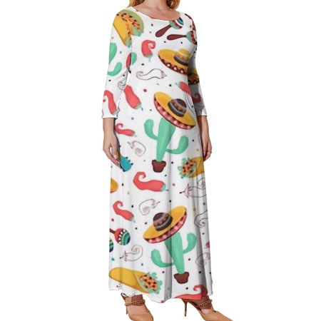 Myst Design Oversized Women's Long Sleeve Dresses, Viva Mexico Pattern Mexican Long Plus Size Dress, Loose Fit Casual Maxi Dresses with Pockets, XL