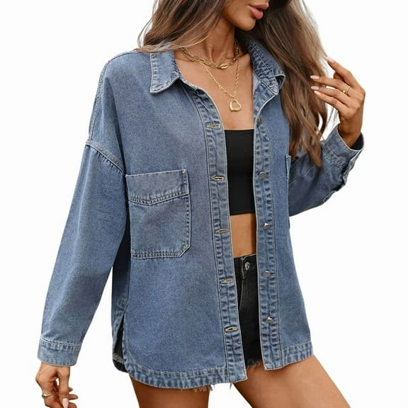 Womens Oversized Denim Shirt Jacket Button Down Long Sleeve Fall Casual Jean Shackets Blue L