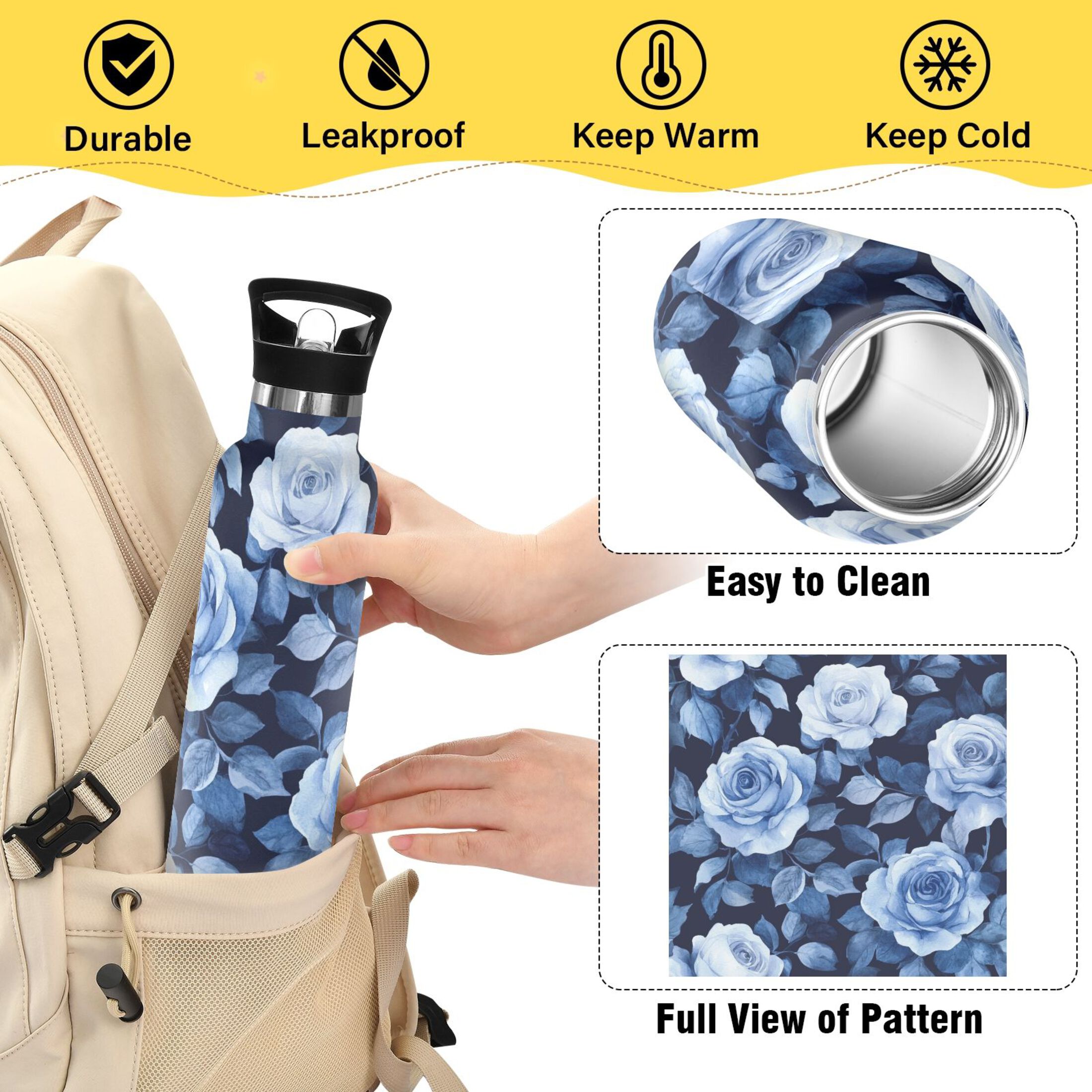 600ML Stainless Steel Insulated Cup Sports Water Bottle Portable Thermos Cup Water Glasses Insulated Tumblers Convenient and Durable Teal Roses