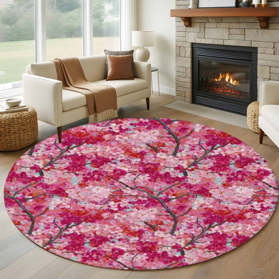 Round Area Rug 8 Ft, Cherry Blossom Washable Non-Slip Circle Carpet for Living Room/Bedroom, Spring Watercolor Flowers Modern Abstract Art Collection Low-Profile Large Area Rugs for Indoor