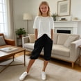 thumbnail image 2 of Girls' Capri Pants Wide Leg Casual Capris Sweatpants Loose Summer Kid Elastic Waist Cropped Trousers Solid 3/4 Length Jogger, 2 of 5