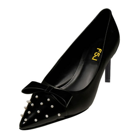 

FSJ Women Classic Bowknot Pointed Closed Toe Slip On Pumps Thin Slim Mid Heels Pumps Ladies Office Party Wedding Dress Shoes Size 8 Black Pearl