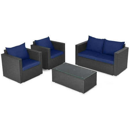 Costway 4 PCS Patio Rattan Furniture Set Cushioned Sofa Chair Coffee Table - Black,Blue