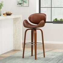 Noble House Cordele Indoor Upholstered Swivel Barstool, Cognac Brown and Walnut