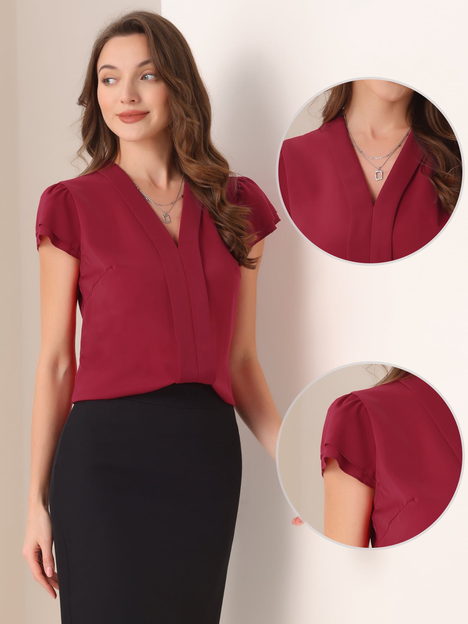 DARING DIVA Women's Summer Office Tops V-Neck Solid Color Chiffon Blouse S Red