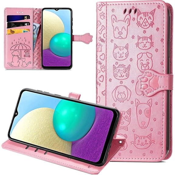 case for Samsung Galaxy A22 5G(Not 4G) Cartoon Girl Wallet Case, Cat Dog Style Flip Phone Cover with ID Card Holder & Kickstand PU Leather Magnetic Clasp Cases for Samsung Galaxy A22 5G MG Pink