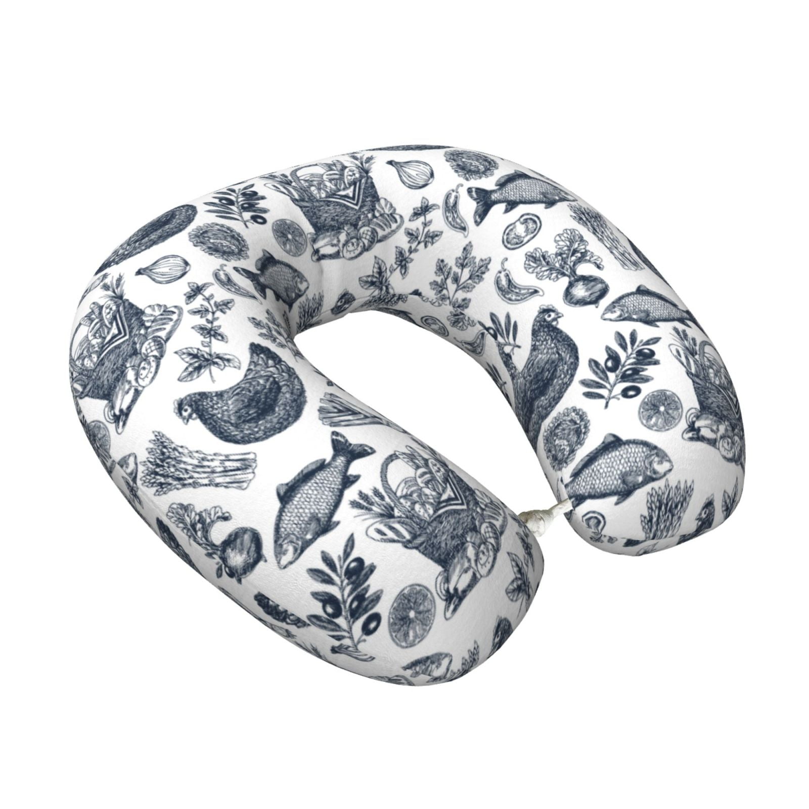 Xecao Chicken And Fish Print Memory Foam Cervical Neck Pillow Versatile U-Shaped Pillows for Home,Office,Camping,Travelling,Soft Washable Cover