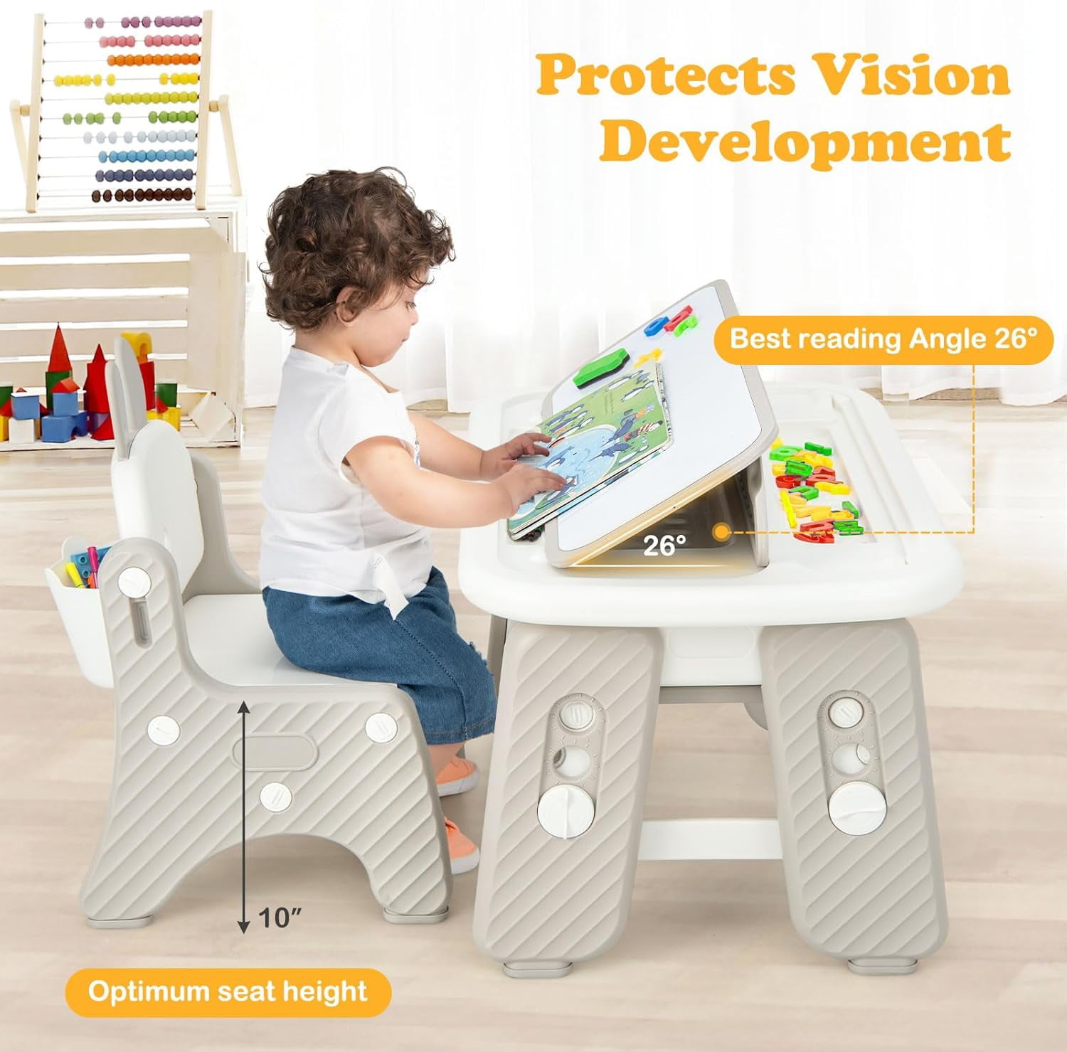 OLAKIDS  Kids Table and Chair Set, Activity Table with Magnetic Drawing Board 4 Gears Adjustable Height Bookshelf Watercolor Pens, Toddler Plastic Furniture Table for Playing Reading Eating