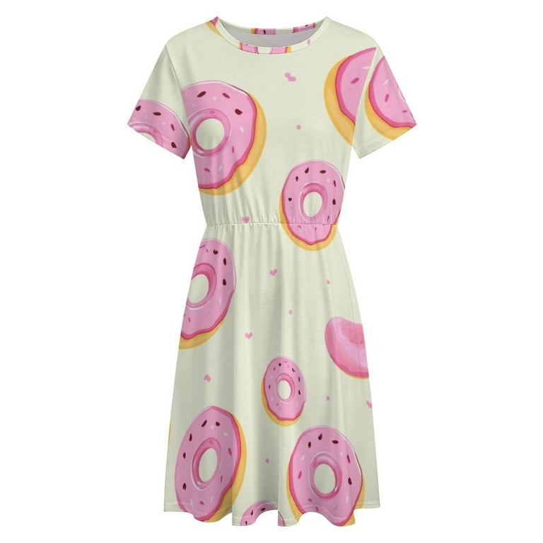 Pink Donuts Pattern Short Sleeve Dress Summer Women Clothes Pink Donuts Pattern Short Sleeve Dress Summer Women Clothes
