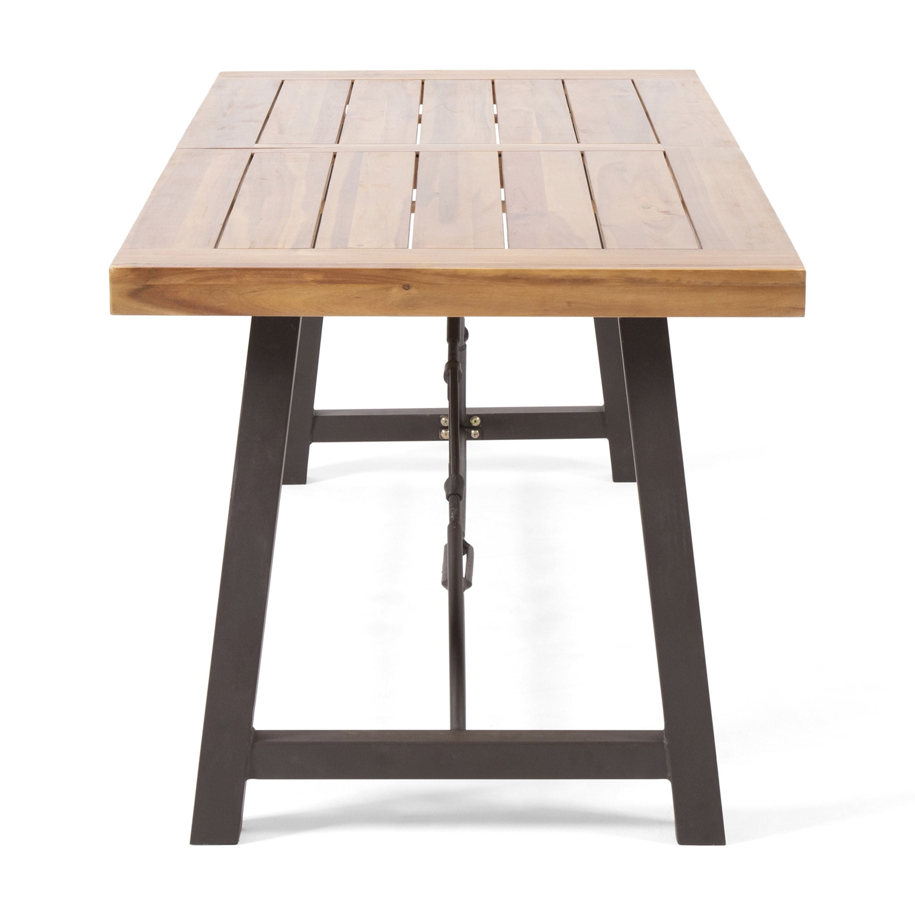 Outdoor Metal Base Acacia Wood Dining Table, Stable Household Desktop for Patio Garden, Teak and Rustic Metal