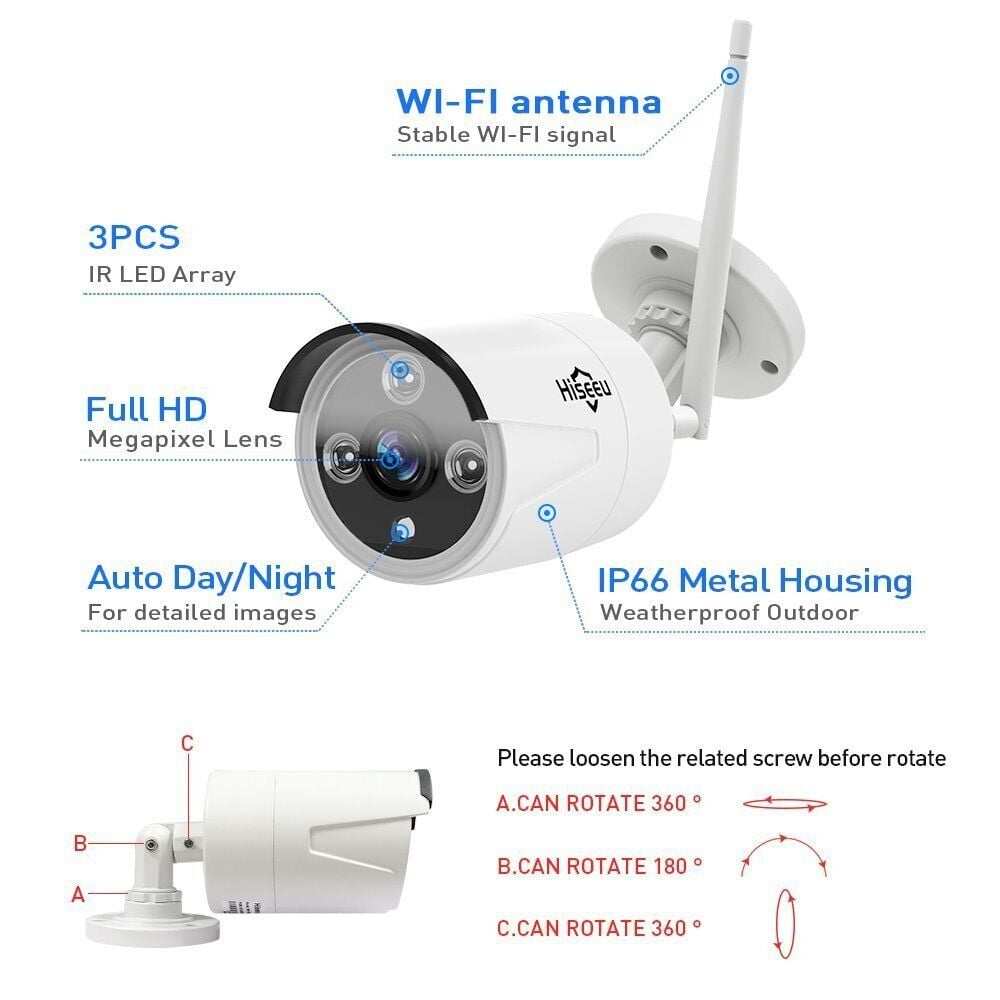 Hiseeu Add-On 5MP Wireless Wifi Security Camera One Audio Recording,65ft IR Night Vision