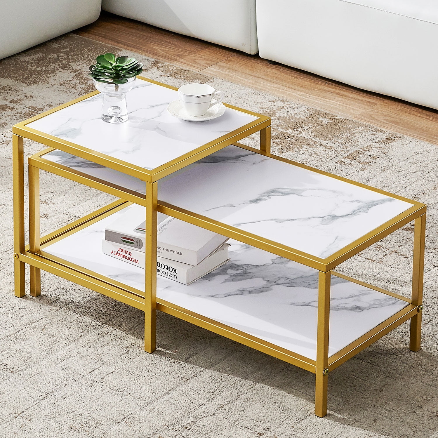 Modstyle Modern Nesting Coffee Table Set, Rectangle & Square Marble