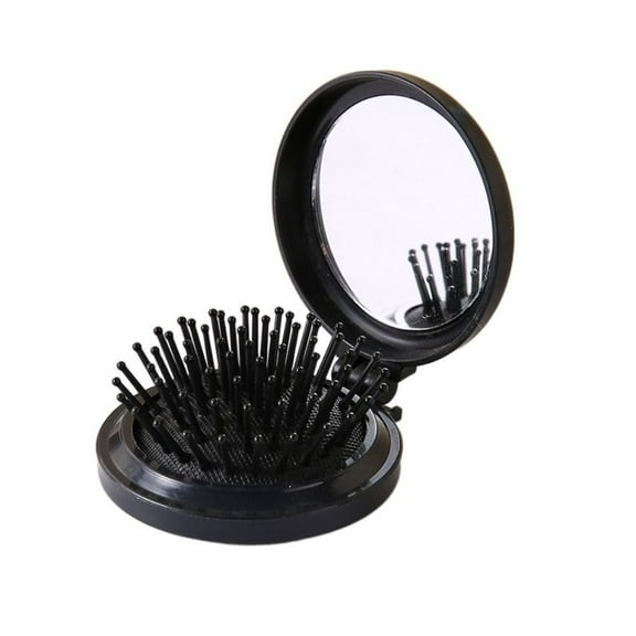 Folding Hair Brush Mini Round Comb with Mirror Portable Travel HairBrush Pocket Compact Massage Combor for Women & Girls Small Purse, Gym, Trip, School Camping(Black)
