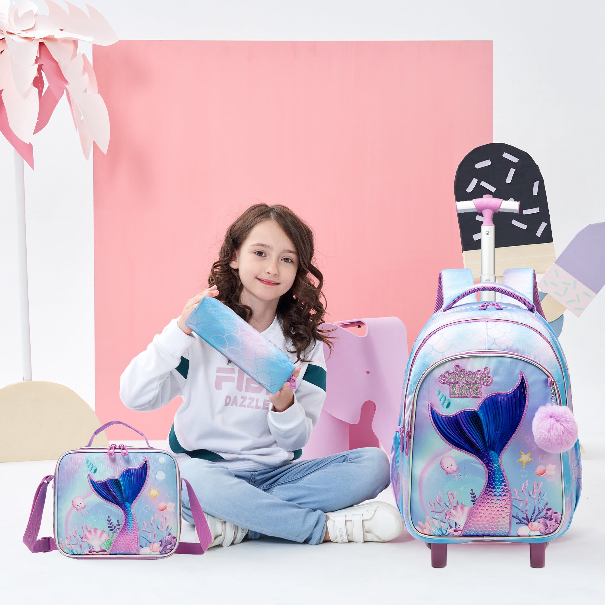 Kids Mermaid Rolling Backpack for School Girls,Backpack with Lunch Box Pencil Case for Elementary Students Ages 6-8